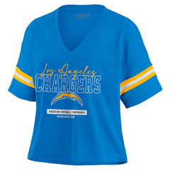 Los Angeles Chargers WEAR by Erin Andrews Women's Color Block Boxy Modest Crop V-Neck T-Shirt Powder Blue