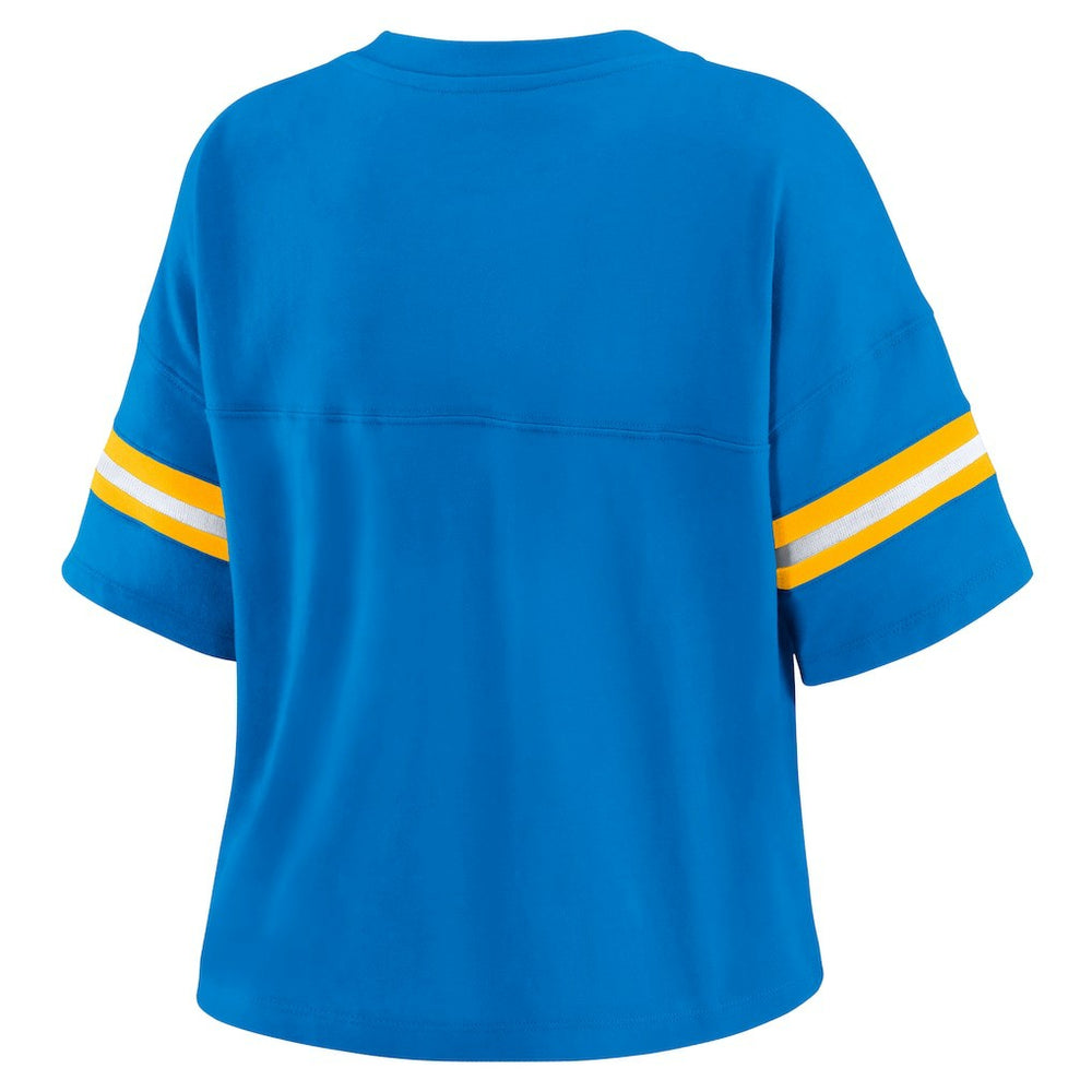 Los Angeles Chargers WEAR by Erin Andrews Women's Color Block Boxy Modest Crop V-Neck T-Shirt Powder Blue