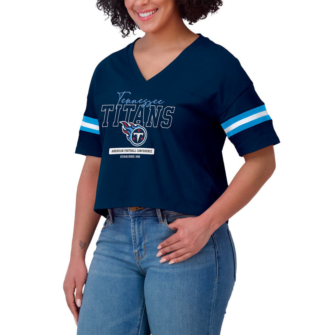 Tennessee Titans WEAR by Erin Andrews Women's Color Block Boxy Modest Crop V-Neck T-Shirt Navy