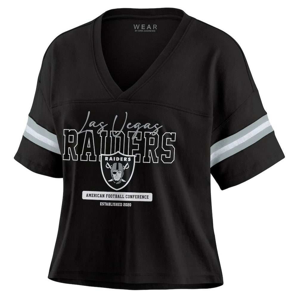 Las Vegas Raiders WEAR by Erin Andrews Women's Color Block Boxy Modest Crop V-Neck T-Shirt Black
