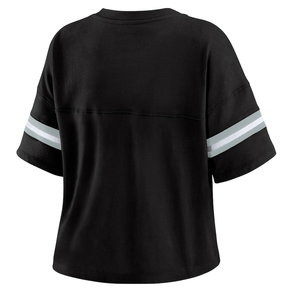 Las Vegas Raiders WEAR by Erin Andrews Women's Color Block Boxy Modest Crop V-Neck T-Shirt Black