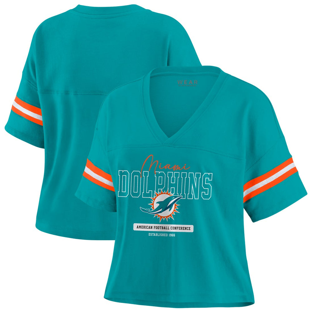 Miami Dolphins WEAR by Erin Andrews Women's Color Block Boxy Modest Crop V-Neck T-Shirt Aqua
