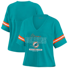 Miami Dolphins WEAR by Erin Andrews Women's Color Block Boxy Modest Crop V-Neck T-Shirt Aqua