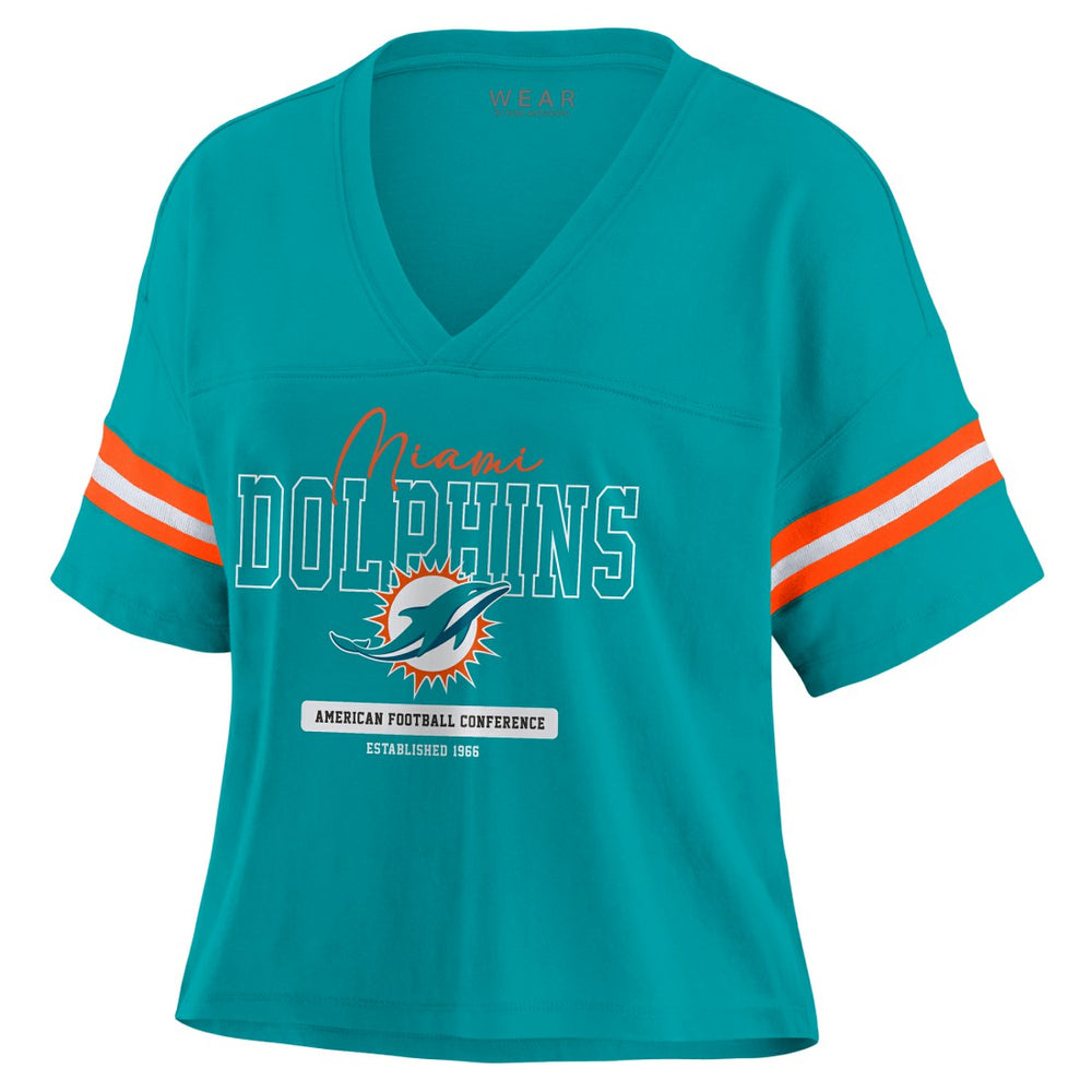 Miami Dolphins WEAR by Erin Andrews Women's Color Block Boxy Modest Crop V-Neck T-Shirt Aqua