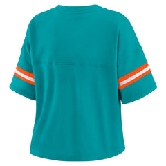 Miami Dolphins WEAR by Erin Andrews Women's Color Block Boxy Modest Crop V-Neck T-Shirt Aqua