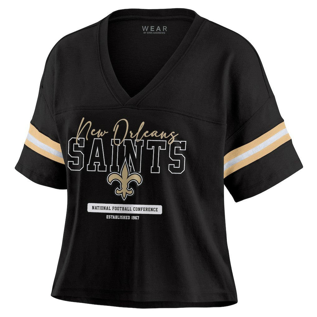New Orleans Saints WEAR by Erin Andrews Women's Color Block Boxy Modest Crop V-Neck T-Shirt Black