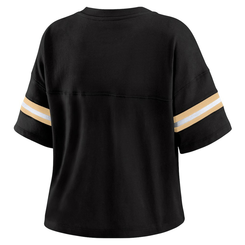 New Orleans Saints WEAR by Erin Andrews Women's Color Block Boxy Modest Crop V-Neck T-Shirt Black