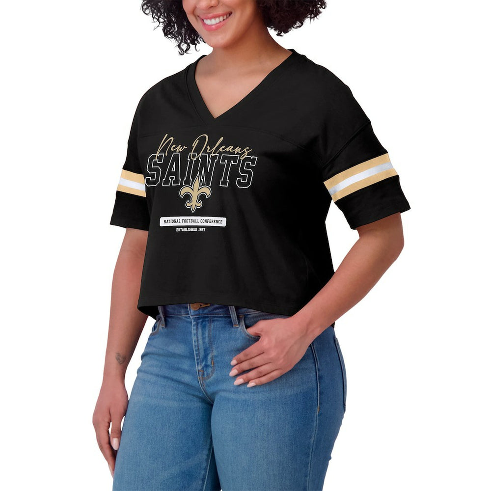 New Orleans Saints WEAR by Erin Andrews Women's Color Block Boxy Modest Crop V-Neck T-Shirt Black