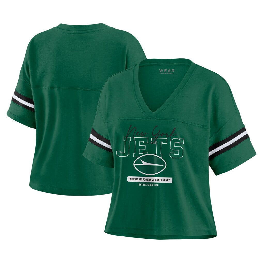 New York Jets WEAR by Erin Andrews Women's Color Block Boxy Modest Crop V-Neck T-Shirt Green
