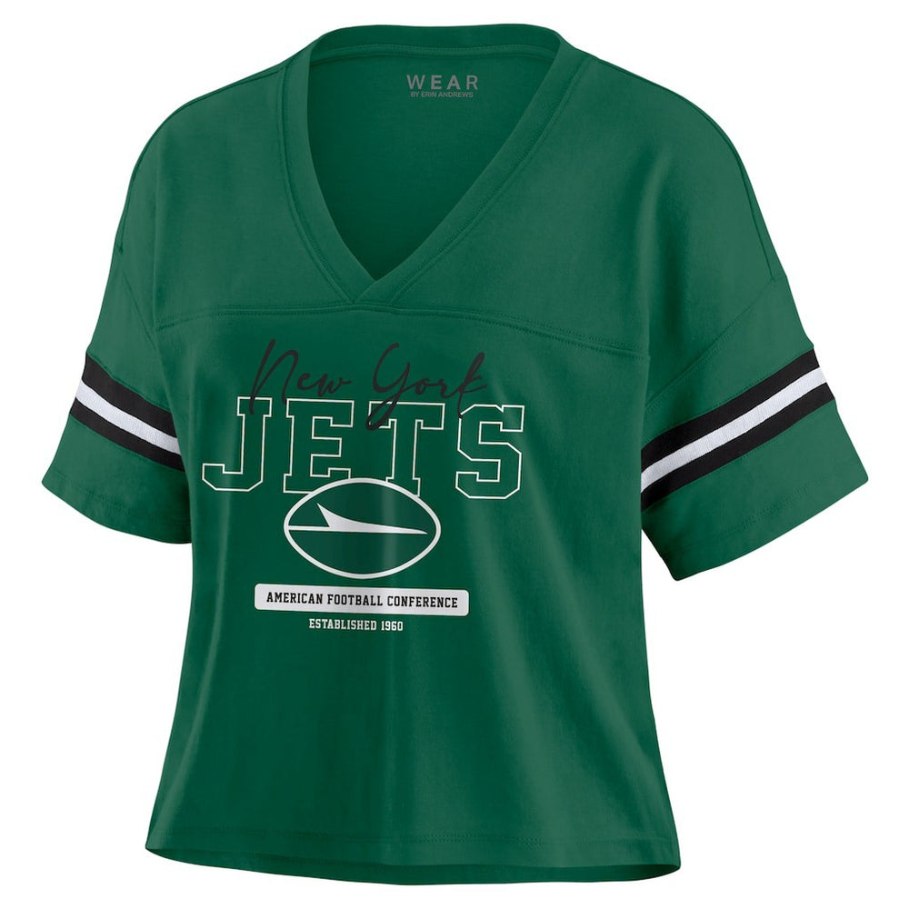 New York Jets WEAR by Erin Andrews Women's Color Block Boxy Modest Crop V-Neck T-Shirt Green