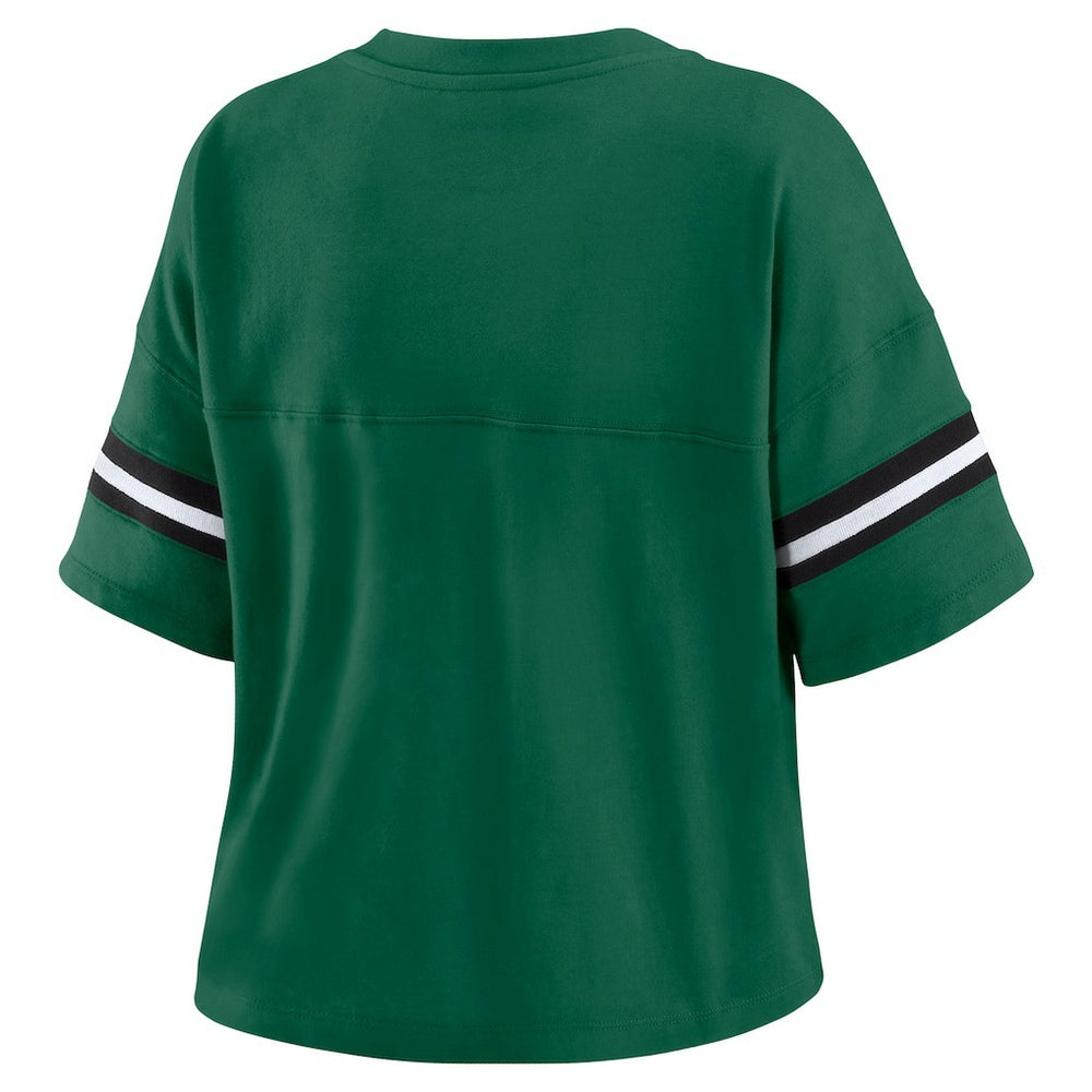 New York Jets WEAR by Erin Andrews Women's Color Block Boxy Modest Crop V-Neck T-Shirt Green