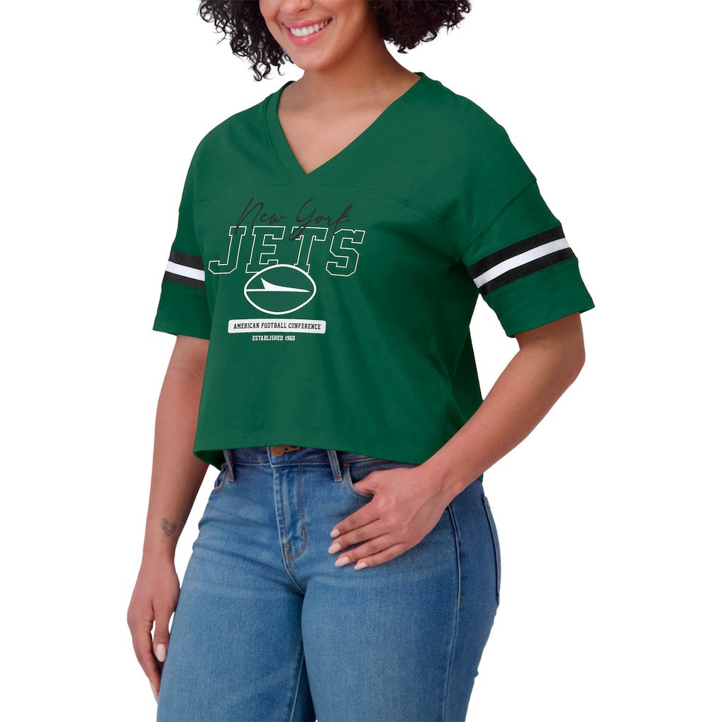 New York Jets WEAR by Erin Andrews Women's Color Block Boxy Modest Crop V-Neck T-Shirt Green