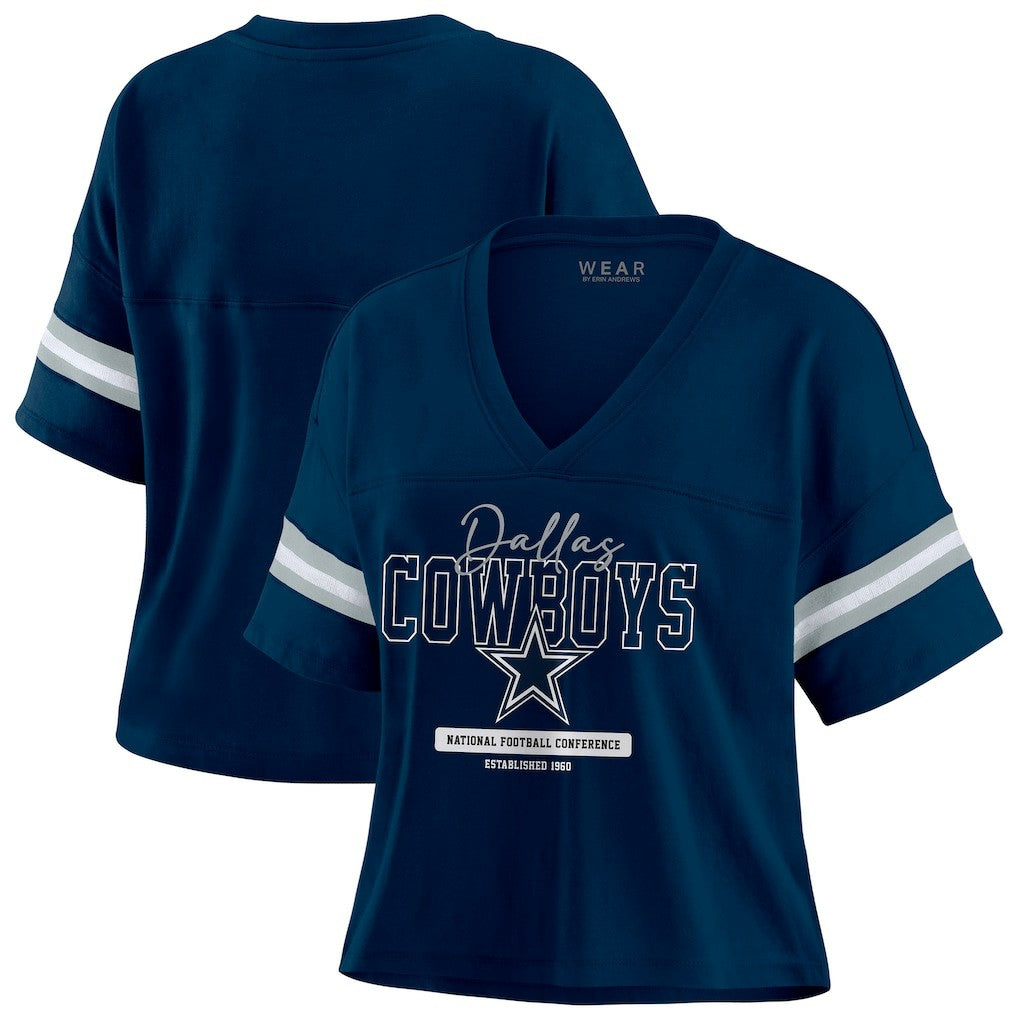 Dallas Cowboys WEAR by Erin Andrews Women's Color Block Boxy Modest Crop V-Neck T-Shirt Navy
