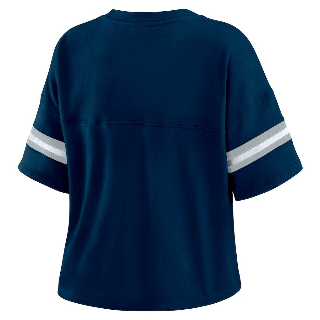 Dallas Cowboys WEAR by Erin Andrews Women's Color Block Boxy Modest Crop V-Neck T-Shirt Navy