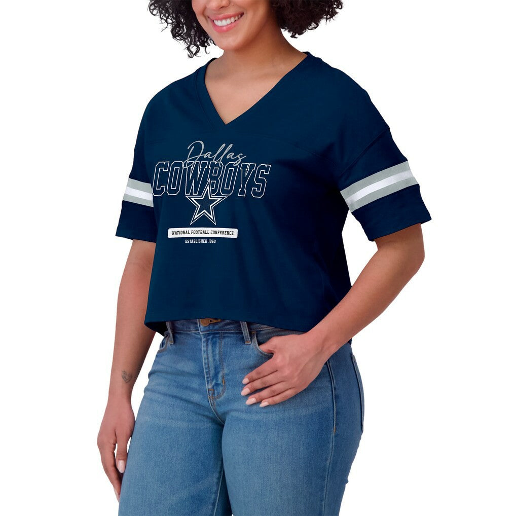 Dallas Cowboys WEAR by Erin Andrews Women's Color Block Boxy Modest Crop V-Neck T-Shirt Navy