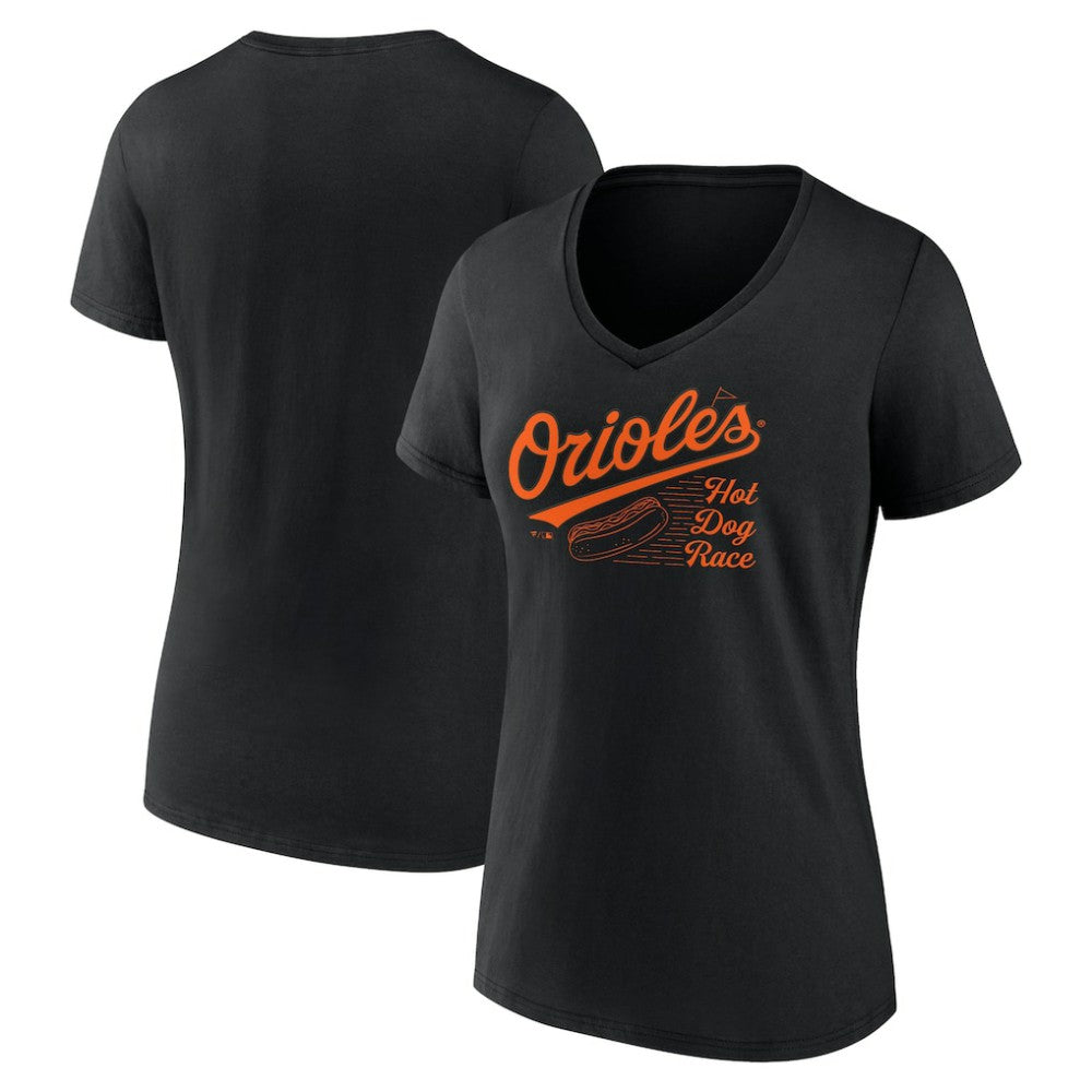 Baltimore Orioles Fanatics Women's Hot Dog Race V-Neck T-Shirt - Black T-shirts