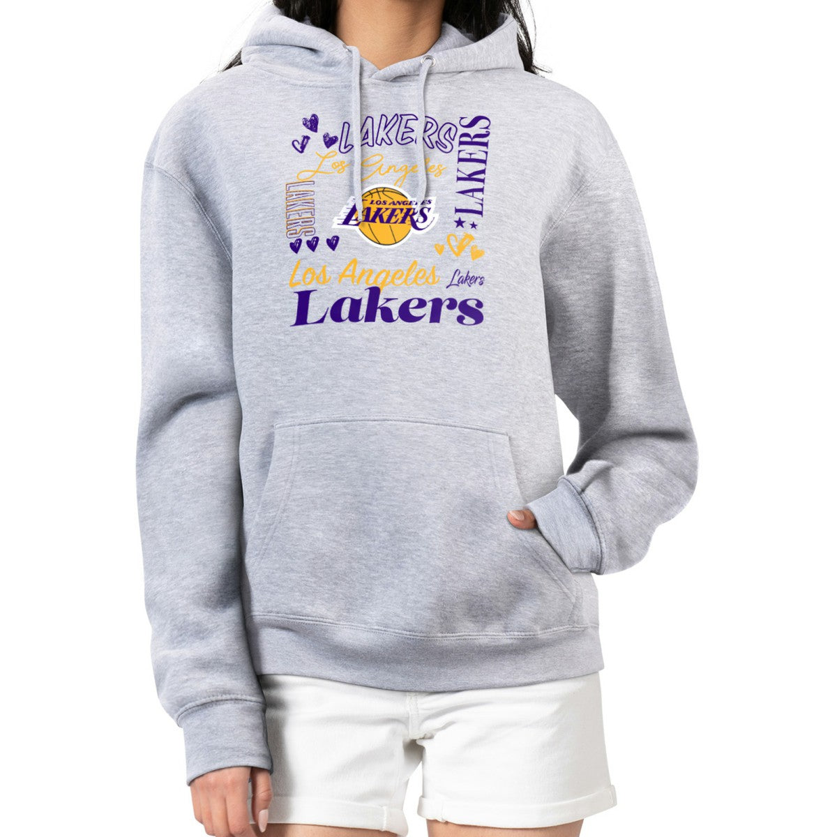 Los Angeles Lakers G-III 4Her by Carl Banks Women's Team Collage Graphic Fleece Pullover Hoodie Heather Gray