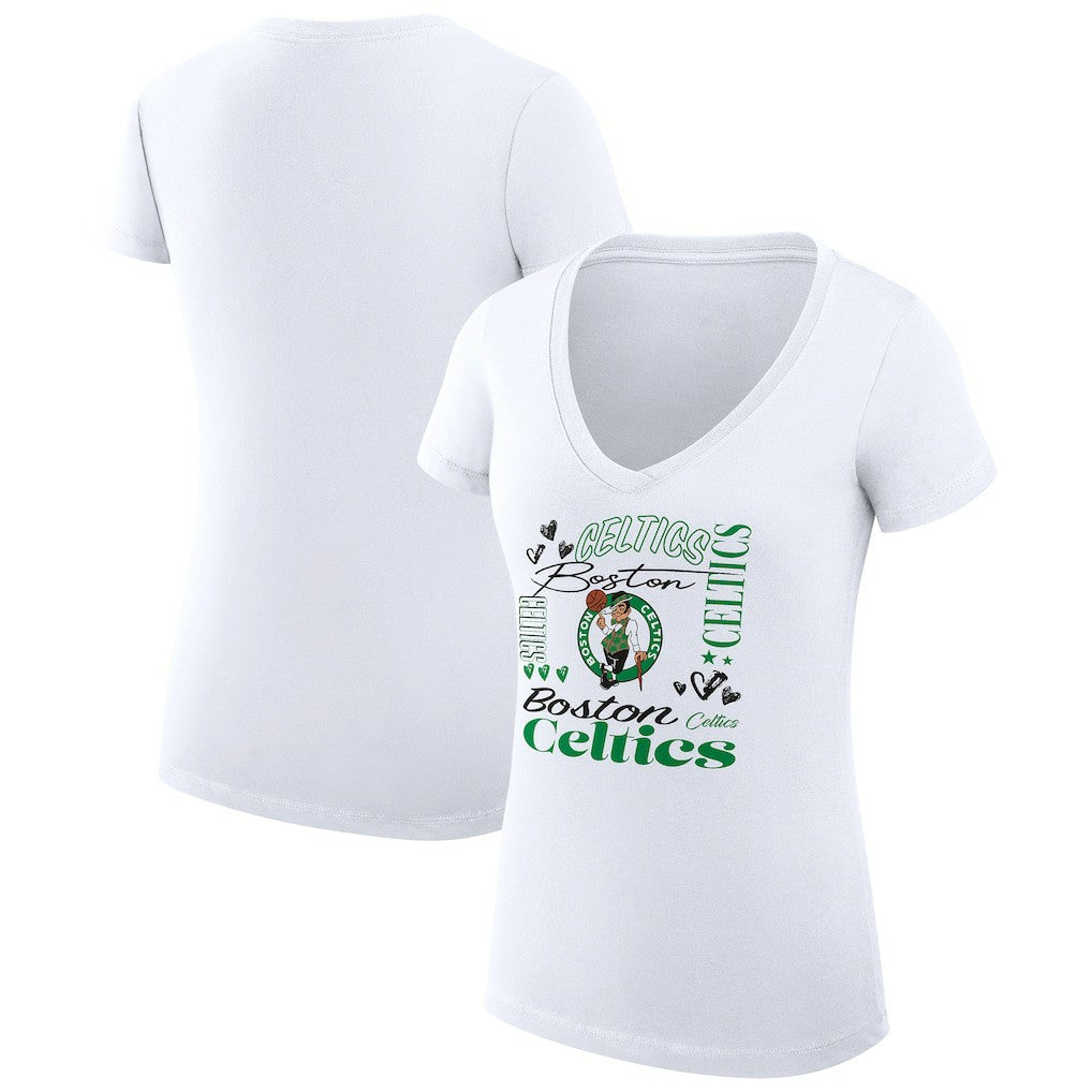 Boston Celtics G-III 4Her by Carl Banks Women's Super-Slim Fit Lightweight Team Name Collage Graphic V-Neck T-Shirt White