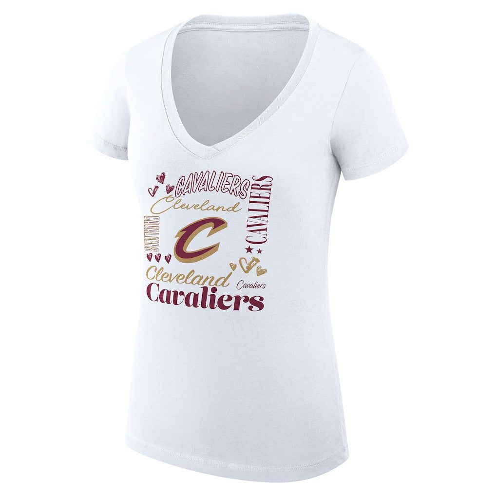 Cleveland Cavaliers G-III 4Her by Carl Banks Women's Super-Slim Fit Lightweight Team Name Collage Graphic V-Neck T-Shirt White