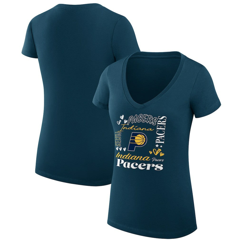 Indiana Pacers G-III 4Her by Carl Banks Women's Super-Slim Fit Lightweight Team Name Collage Graphic V-Neck T-Shirt Navy