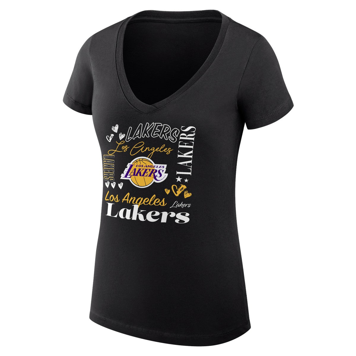 Los Angeles Lakers G-III 4Her by Carl Banks Women's Super-Slim Fit Lightweight Team Name Collage Graphic V-Neck T-Shirt Black