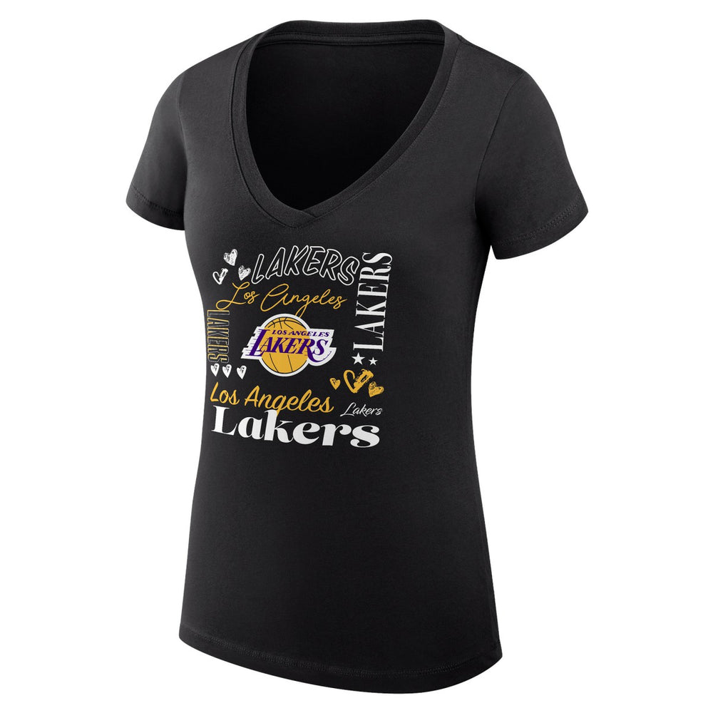 Los Angeles Lakers G-III 4Her by Carl Banks Women's Super-Slim Fit Lightweight Team Name Collage Graphic V-Neck T-Shirt Black