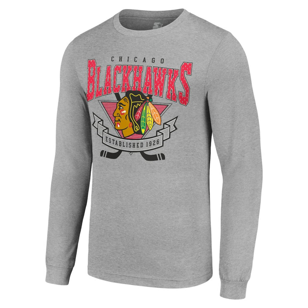 NHL Chicago Blackhawks Starter '80s Inspired Team Logo Long Sleeve T-Shirt - Heather Gray