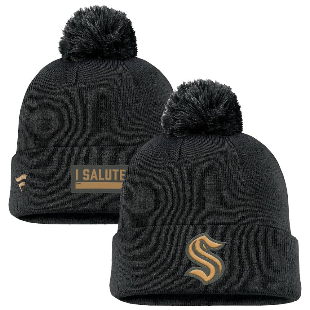 NHL Seattle Kraken Fanatics Military Appreciation Cuffed Knit Hat with Pom - Black