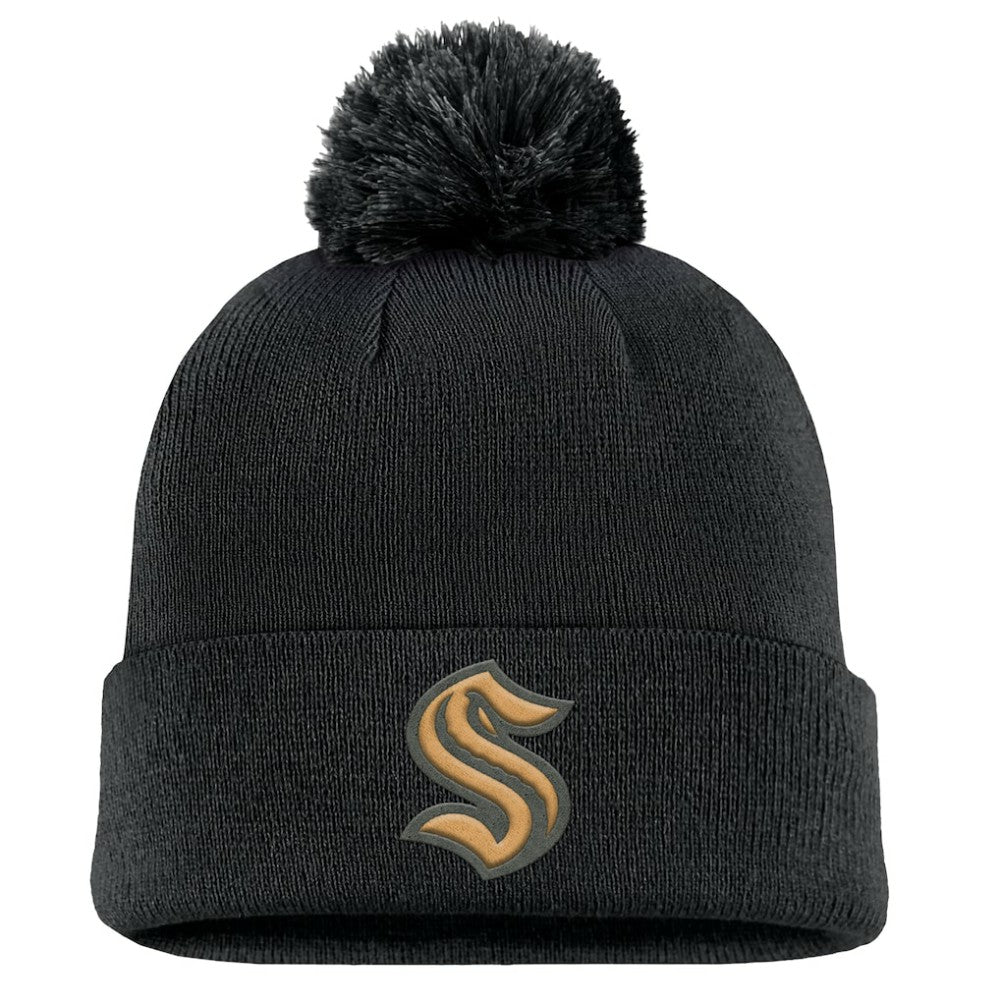 NHL Seattle Kraken Fanatics Military Appreciation Cuffed Knit Hat with Pom - Black