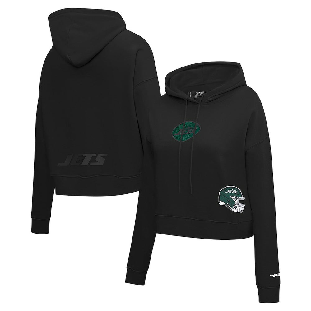 New York Jets Pro Standard Women's Jeweled Cropped Pullover Hoodie Black