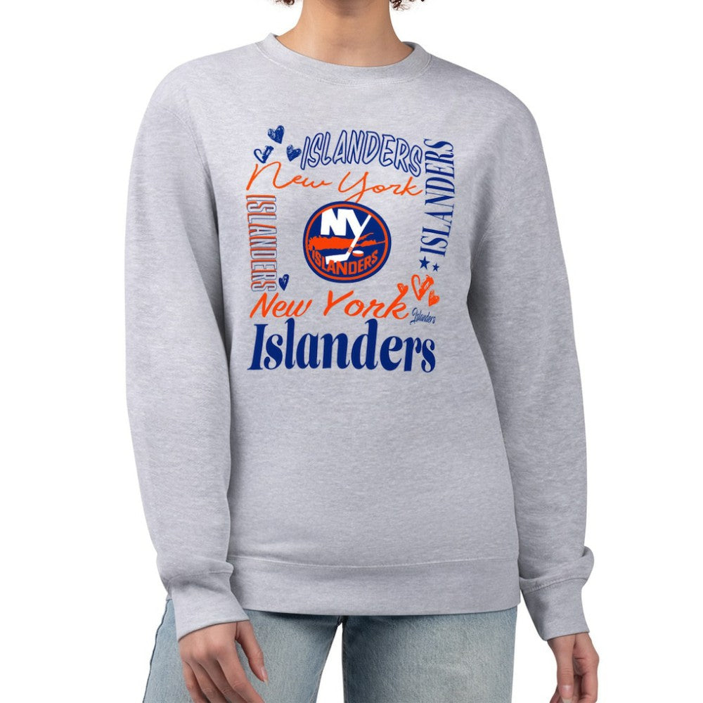 NHL New York Islanders G-III 4Her by Carl Banks Women's Collage Graphic Fleece Long Sleeve Pullover Sweatshirt - Heather Gray