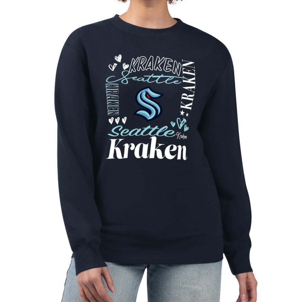 NHL Seattle Kraken G-III 4Her by Carl Banks Women's Collage Graphic Fleece Long Sleeve Pullover Sweatshirt - Deep Sea Blue