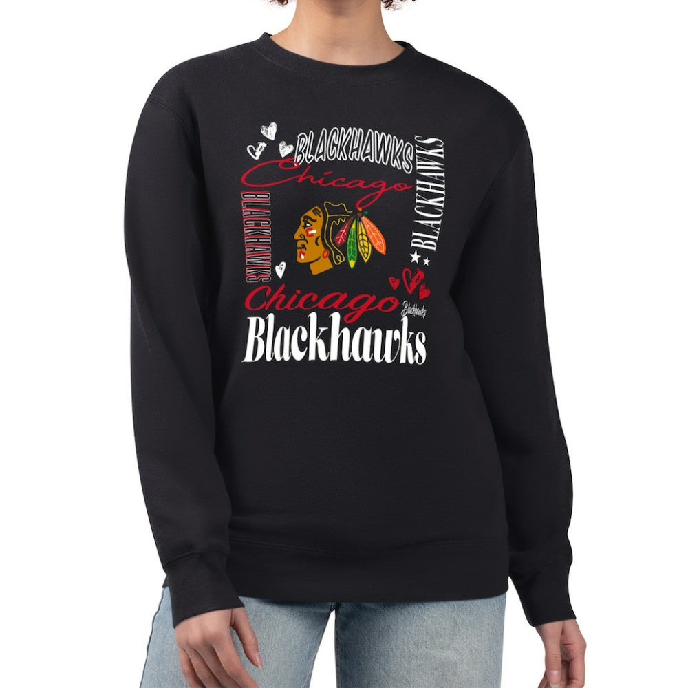 NHL Chicago Blackhawks G-III 4Her by Carl Banks Women's Collage Graphic Fleece Long Sleeve Pullover Sweatshirt - Black
