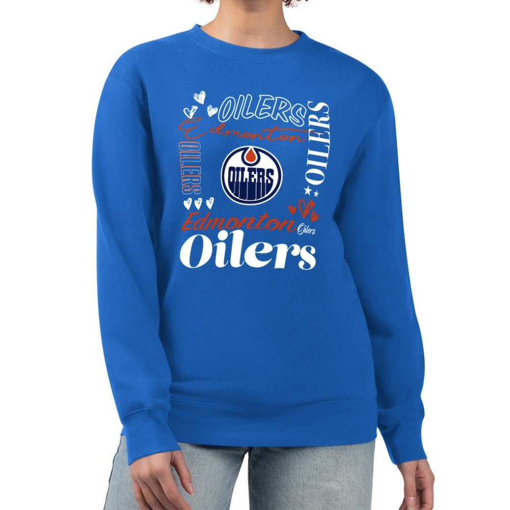 NHL Edmonton Oilers G-III 4Her by Carl Banks Women's Collage Graphic Fleece Long Sleeve Pullover Sweatshirt - Royal