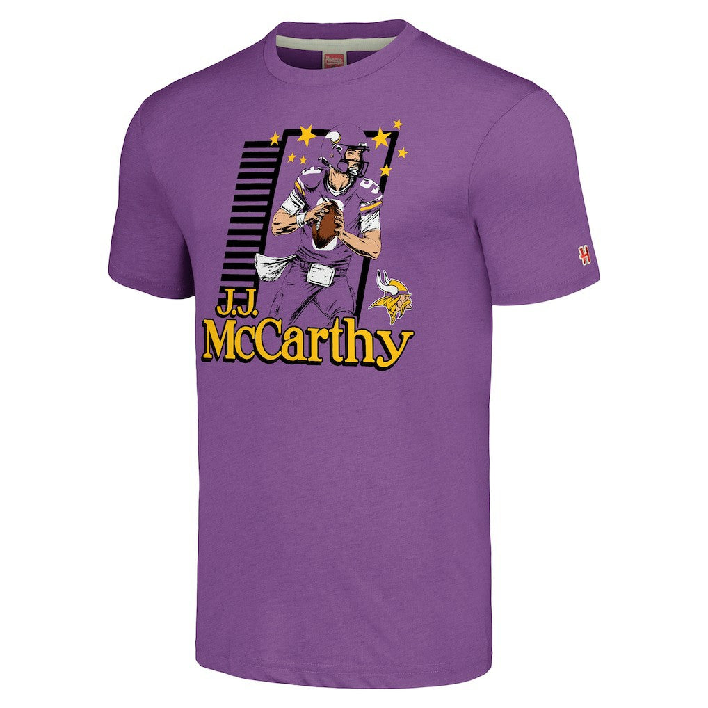 J.J. McCarthy Minnesota Vikings Homage Unisex Caricature Player Tri-Blend T-Shirt Purple