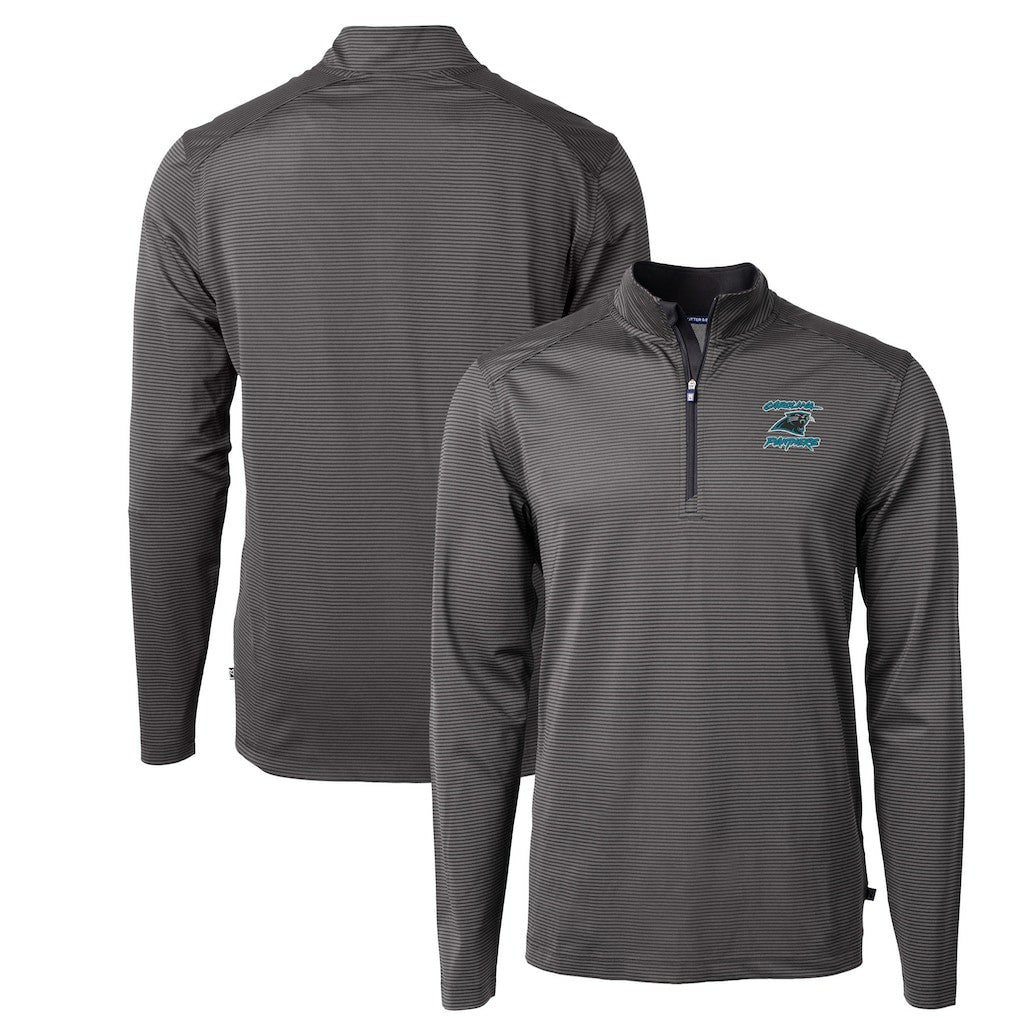 Carolina Panthers Cutter & Buck Virtue Eco Pique Micro Stripe Recycled Quarter-Zip Jacket Black
