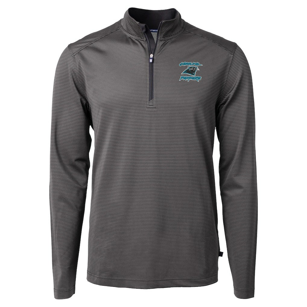 Carolina Panthers Cutter & Buck Virtue Eco Pique Micro Stripe Recycled Quarter-Zip Jacket Black