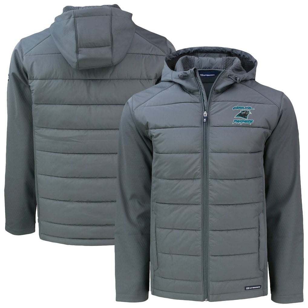 Carolina Panthers Cutter & Buck Evoke Hybrid Eco Softshell Recycled Full-Zip Hoodie Jacket Gray