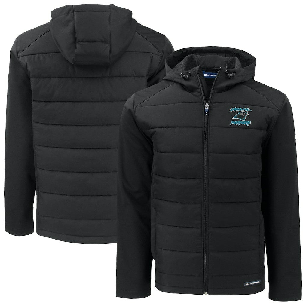 Carolina Panthers Cutter & Buck Evoke Hybrid Eco Softshell Recycled Full-Zip Hoodie Jacket Black