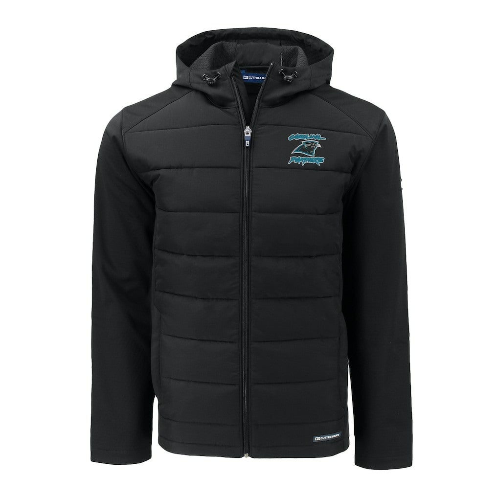 Carolina Panthers Cutter & Buck Evoke Hybrid Eco Softshell Recycled Full-Zip Hoodie Jacket Black