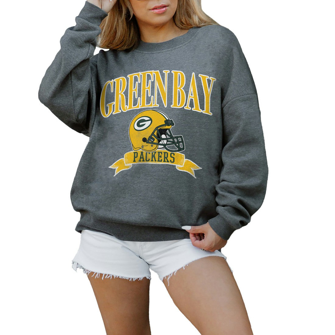 Green Bay Packers Gameday Couture Women's Oversized Seal The Deal Premium Fleece Drop Shoulder Pullover Sweatshirt Charcoal