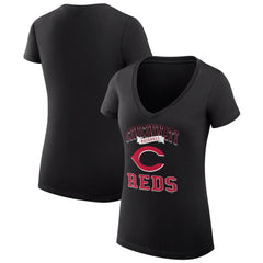 Cincinnati Reds G-III 4Her by Carl Banks Women's Super-Slim Fit Lightweight Team Logo Graphic V-Neck T-Shirt - Black T-shirts
