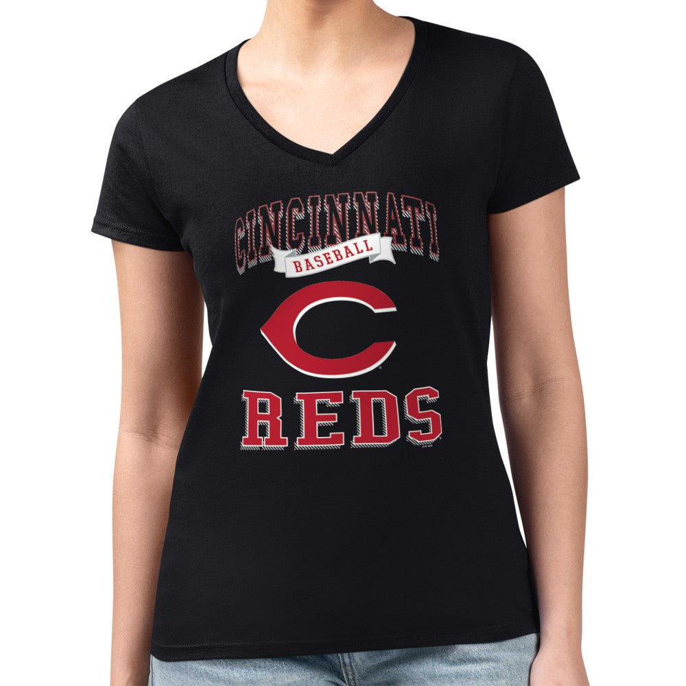 Cincinnati Reds G-III 4Her by Carl Banks Women's Super-Slim Fit Lightweight Team Logo Graphic V-Neck T-Shirt - Black T-shirts