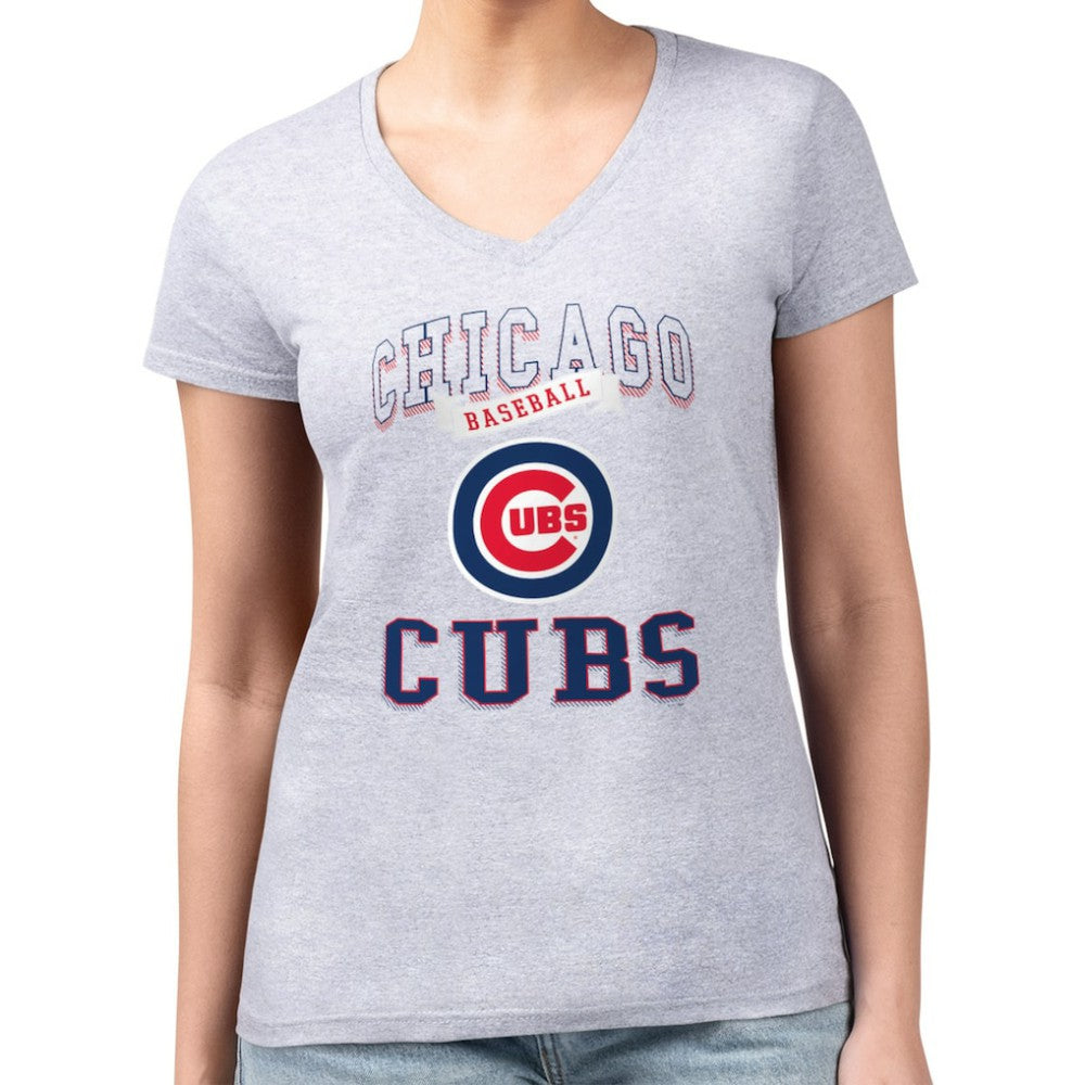 Chicago Cubs G-III 4Her by Carl Banks Women's Super-Slim Fit Lightweight Team Logo Graphic V-Neck T-Shirt - Heather Gray T-shirts