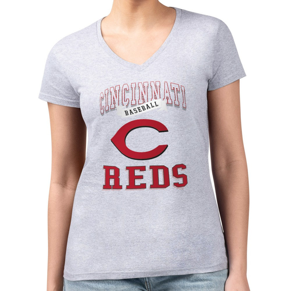 Cincinnati Reds G-III 4Her by Carl Banks Women's Super-Slim Fit Lightweight Team Logo Graphic V-Neck T-Shirt - Heather Gray T-shirts