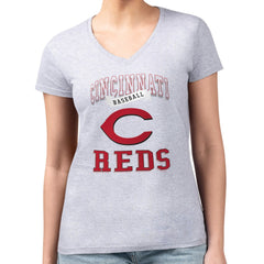 Cincinnati Reds G-III 4Her by Carl Banks Women's Super-Slim Fit Lightweight Team Logo Graphic V-Neck T-Shirt - Heather Gray T-shirts