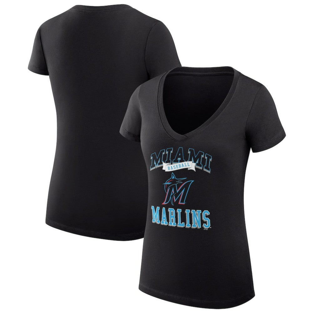Miami Marlins G-III 4Her by Carl Banks Women's Super-Slim Fit Lightweight Team Logo Graphic V-Neck T-Shirt - Black T-shirts