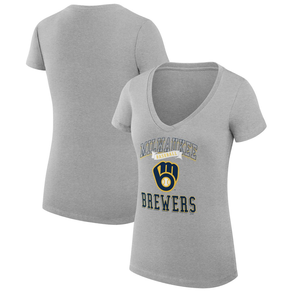 Milwaukee Brewers G-III 4Her by Carl Banks Women's Super-Slim Fit Lightweight Team Logo Graphic V-Neck T-Shirt - Heather Gray T-shirts