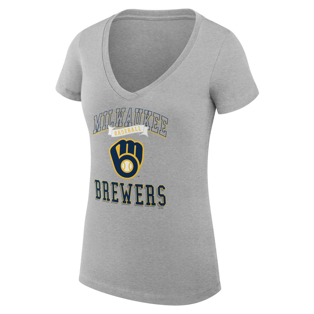 Milwaukee Brewers G-III 4Her by Carl Banks Women's Super-Slim Fit Lightweight Team Logo Graphic V-Neck T-Shirt - Heather Gray T-shirts