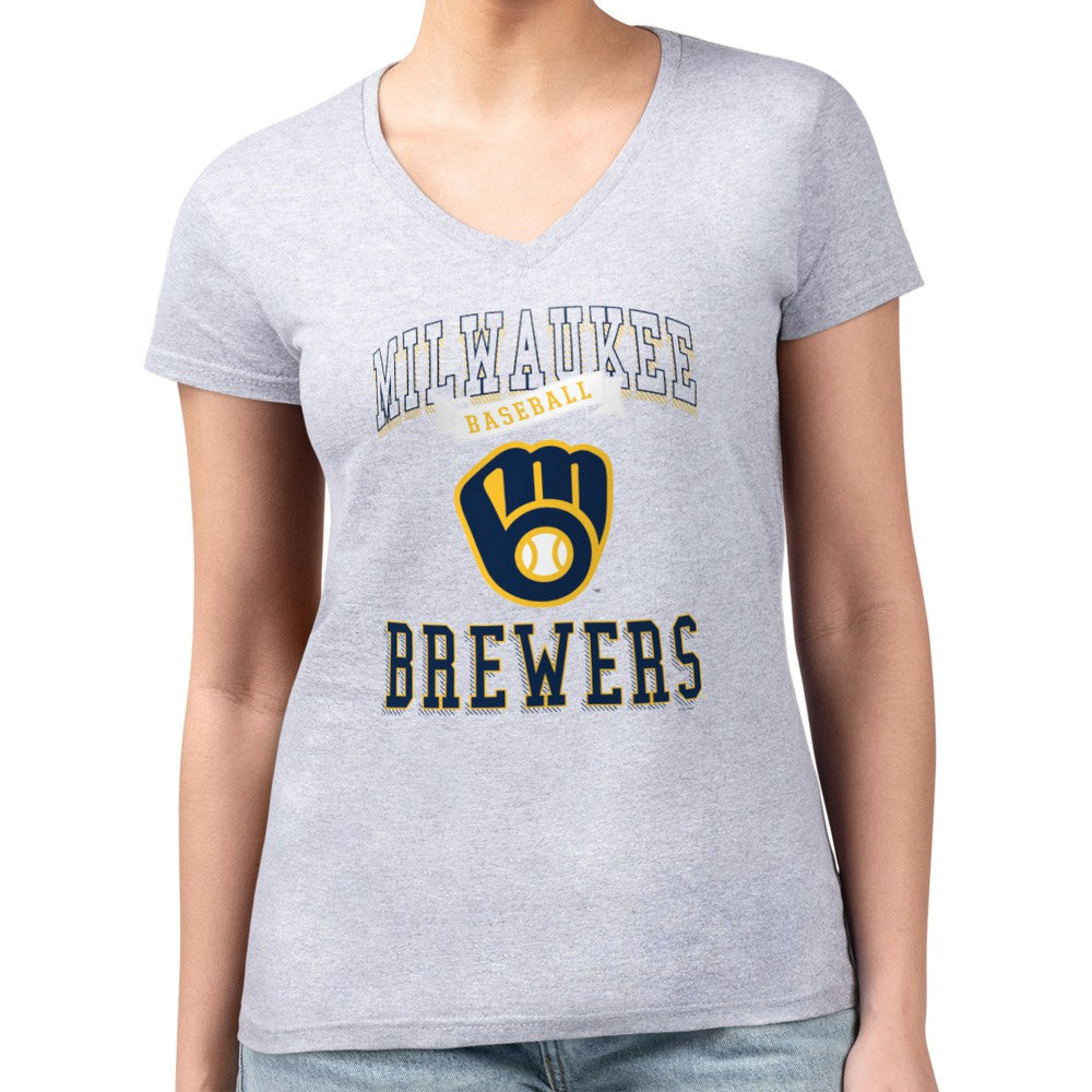 Milwaukee Brewers G-III 4Her by Carl Banks Women's Super-Slim Fit Lightweight Team Logo Graphic V-Neck T-Shirt - Heather Gray T-shirts